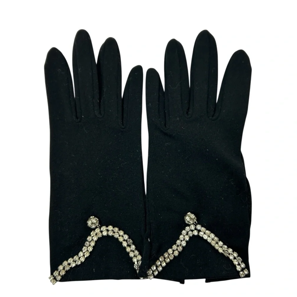 VTG Weinberger Germany Black Nylon Short Gloves Rhinestone Embellished